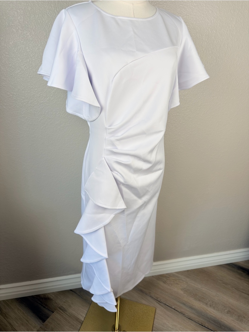 NWT Memoriesea Vintage Inspired Ruffle Sleeve Ruched Bodycon White Dress, XL - Picture 4 of 10